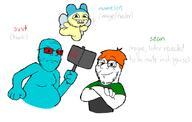 angry arm banhammer blue_skin butterfly_wings closed_mouth fat frown full_body glasses grin hammer orange_hair redraw sean smile smug soyjak stubble svvt text tinted_glasses tshirt variant:gapejak variant:mameson wing yellow_skin // 815x517 // 33KB