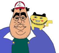 ash_ketchum closed_mouth clothes glasses hair large_eyebrow large_eyebrows large_lips mametchi pikachu pokemon soyjak stubble variant:humeson variant:mameson yellow_skin // 998x905 // 143KB