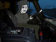 adventure_thread broken_glassed bruise clothes fence fog glasses half_open_mouth holding_object IRL screwdiver seat sitting soyjak steering_wheel stubble utility_pole variant:soyak vehicle // 1920x1440 // 2.5MB