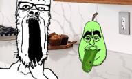 adventure_thread background boustache closed_mouth cupcake electric_socket fruit glasses green_skin large_lips large_mouth leaf pear pickle pickle_rick variant:a24_slowburn_soyjak // 500x300 // 132KB