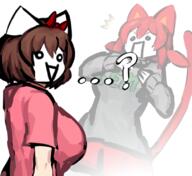 brown_hair cat_ears female hair_ribbon moot question_mark red_hair shocked skirt sweater tagme tail tama text tshirt // 806x740 // 296KB