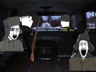 adventure_thread back bayonet broken_glasses bruises clothes glasses hair hat IRL metal_cutter multiple_soyjaks open_mouth rifle shovel soyjak steering_wheel stubble tree ushanka van variant:chudjak variant:impish_soyak_ears variant:kuzjak variant:markiplier_soyjak variant:soyak windscreen // 1024x768 // 908KB