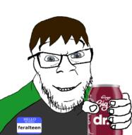 brown_hair can clothes dr.k Feralteen glasses gray_eyes hair holding_object kroger name_tag smile soda stubble tshirt variant:feraljak // 781x800 // 175KB