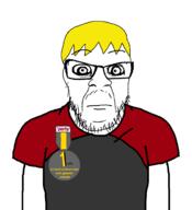 badge body closed_mouth clothes crazed eyebrows facing_front glasses medal nate neutral red_shirt sharty shirt soyteen stubble text tshirt variant:feraljak yellow_hair // 1819x1998 // 57KB