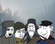 adventure_thread angry bayonet beanie broken_glasses bruises cabin cap closed_mouth clothes ear fog front_facing glassses hat holding_object IRL ladder merge metal_cutter multiple_soyjaks open_mouth rifle shovel smile snow soyjak stubble thick_eyebrows tree ushanka variant:chudjak variant:impish_soyak_ears variant:kuzjak variant:markiplier_soyjak variant:soyak // 880x704 // 524KB