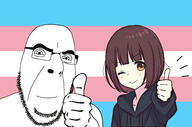 boymoder closed_mouth flag glasses hand menhera_chan smile soyjak stubble thumbs_up tranny trans_rights variant:cobson // 953x630 // 105KB