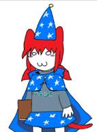 blue_cape blue_hat cat_ears clothes grey_blue_shirt mage mrraow pink_cheeks pointy_ears red_hair stars tama text wizard wizard_hat // 782x1058 // 88KB