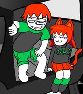 animal_ear breasts cat_ears glasses orange_hair red_hair sean shorts sitting skirt smug stubble tagme tail tama text tshirt van wheel // 548x621 // 175KB