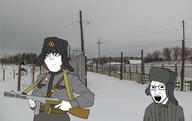 2soyjaks adventure_thread brown_hair closed_mouth clothes fence firearm glasses gun hat holding_object IRL kolyma_network lamp_post military_uniform neutral oprn_mouth snow sobot soyjak stubble subvariant:soylita tree ushanka utility_pole variant:gapejak variant:soyak // 915x575 // 393KB