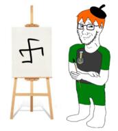 arms_crossed artist:shemmysloota beret brush closed_mouth clothes drawfag drawing full_body glasses holding_object medal orange_hair sean shorts smug stand stubble // 647x721 // 178KB