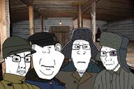 adventure_thread beanie cabin cap closed_mouth clothes door ear front_facing glassses glowing hat house IRL lamp merge multiple_soyjaks neutral open_mouth soyjak stubble subvariant:neutralplier thick_eyebrows tree ushanka variant:chudjak variant:impish_soyak_ears variant:kuzjak variant:markiplier_soyjak variant:soyak wood // 640x427 // 329KB