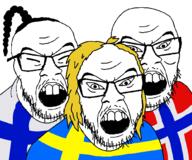 3soyjaks asian bald beard blonde blonde_hair blue chink closed_eyes flag:finland flag:norway flag:sweden gape gaping germanic glasses gum long_teeth moustache open_mouth ponytail receding_hair red scandinavia small_eyes squinting stubble variant:feraljak white white_iris wrinkles yellow // 1000x833 // 71KB