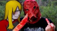 artist:shartyfujo blond_hair blood clothes glasses gore hair_ribbon IRL long_hair machete mask medal middle_finger pig shartyfujo smile tshirt // 770x430 // 533KB