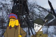 2soyjaks adventure_thread animal_ear barbed_wire cabin cap closed_mouth clothes dog_ears glasses hat holding_object IRL janny kgb ladder military_uniform rifle shovel smug snow soyjak strap tree variant:chudjak variant:cryboy_soyjak wood // 746x500 // 597KB