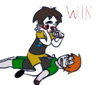 blood brown_hair canibalism drawing flag:iceland flag:sweden full_body glasses hair knife lars medal orange_hair sean text tshirt // 255x226 // 36KB