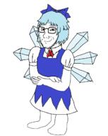 anime arm blue_hair blush bowtie cirno clothes crossed_arm dress fairy female full_body glasses hair hair_ribbon ice leg open_mouth smug soyjak stubble touhou video_game wing // 948x1192 // 167KB