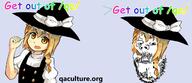 angry anime arm arrow banner clothes dress female glasses hair hat marisa_kirisame moustache qaculture.org ribbon soyjak stubble text touhou variant:gapejak video_game witch // 1280x553 // 100KB