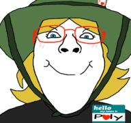 angry blonde blue_eyes card clothes faggot front_facing hat heart name_tag poly_(user) smile soyjak subvariant:bridget subvariant:femjak text transparent variant:bernd // 1200x1125 // 90KB