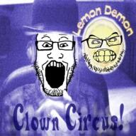 2soyjaks album_cover angry chair clenched_teeth clothes clown_circus glasses hat headphone holding_object lemon lemon_demon open_mouth soyjak variant:feraljak variant:markiplier_soyjak // 753x748 // 824KB