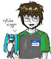 anime blue_hair boots clothes cytube drawing dress Feralteen figure glasses hair hatsune_miku holding_object name_tag open_mouth stubble text tshirt vocaloid // 732x855 // 298KB