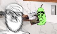 adventure_thread background blur closed_mouth cupcake fruit glasses green_skin IRL kitchen large_lips leaf pear soyjak stem stubble the_conjuring tree variant:a24_slowburn_soyjak variant:humeson // 500x300 // 199KB