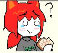 animal_ear cat_ears clothes crying eating question_mark red_hair sweater tagme tama text toast // 347x312 // 68KB