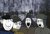 adventure_thread beanie cabin cap closed_mouth clothes ear front_facing glassses hat IRL ladder merge multiple_soyjaks neutral open_mouth snow soyjak stubble thick_eyebrows tree ushanka variant:chudjak variant:impish_soyak_ears variant:kuzjak variant:markiplier_soyjak variant:soyak // 1080x736 // 924KB