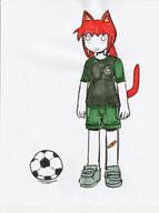 bandage blush cat_ears full_body medal red_hair shoes shorts soccer_ball sports tail tama tshirt // 953x1280 // 115KB