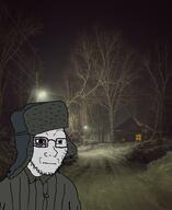 adventure_thread broken_glassed bruise closed_mouth clothes fence glasses glowing house IRL lamp_post night snow soyjak stubble tree utility_pole variant:soyak window // 819x1003 // 1.1MB