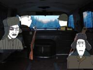 adventure_thread back bayonet broken_glasses bruises closed_mouth clothes glasses hair half_open_mouth hat IRL metal_cutter multiple_soyjaks neutral rifle sad scared shovel small_pupil soyjak steering_wheel stubble subvariant:neutralplier tree ushanka van variant:chudjak variant:impish_soyak_ears variant:kuzjak variant:markiplier_soyjak variant:soyak windscreen // 1024x768 // 984KB