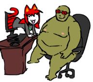 animal_ear cat_ears chair closed_mouth clothes computer desk fat full_body green_skin keyboard looking_at_viwewr mouse naked nipples scar_(user) screen skirt smug tagme tail tama // 1075x939 // 271KB