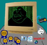 anti_soybooru award awards binary blue_background closed_mouth computer cpu crt crt_monitor dial_up fat gynaecomastia intel internet_explorer latino matrix meximutt modem monitor obese onion pentium server soybooru soyjak_st terminal url variant:meximutt windows_95 // 1776x1698 // 539KB