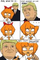 cartoon donnald_trump dutch_text hair_ribbon meta:not_a_soyjak mymy neck_tie ongezellig orange_skin speech_bubble suits text // 853x1280 // 215KB