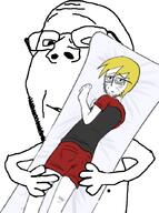 artist:soyjakfan01 body_pillow closed_mouth clothes dakimakura drawing frown glasses looking_at_viewer nate pillow shorts smile soyjak stubble subvariant:wholesome_soyjak suggestive_pose tshirt variant:gapejak variant:soyak yellow_hair // 660x886 // 130KB