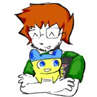 closed_eyes glasses hair hugging mametchi medal orange_hair sean tshirt variant:mameson // 384x384 // 89KB