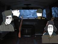 adventure_thread back bayonet broken_glasses bruises closed_mouth clothes glasses hair hat IRL metal_cutter multiple_soyjaks neutral rifle shovel soyjak steering_wheel stubble subvariant:neutralplier tree ushanka van variant:chudjak variant:impish_soyak_ears variant:kuzjak variant:markiplier_soyjak variant:soyak windscreen // 1024x768 // 897KB