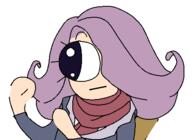 big_eyes cartoon closed_mouth clothes female hair ongezellig purple_hair scarf variant:soyra vera_(ongezellig) // 454x332 // 16KB