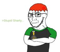 arms_crossed arrow closed_mouth clothes glasses greentext medal orange_hair sean soyjak stubble text tshirt variant:soyak // 800x699 // 50KB