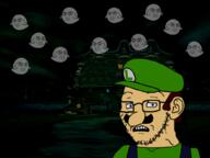 blue_eyes boo brown_hair ear ghost glasses green_hat green_shirt haunted_house luigi luigis_mansion multiple_soyjaks mustache nintendo outside overalls scared smug soyjak stubble subvariant:soyak_(concerned) variant:chudjak variant:soyak video_game // 1024x768 // 453KB