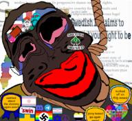 autism award big_eyes discord distorted doll flag:iceland flag:transgender flag_sweden glasses hanging hat large_lips lars peace_sign queen_of_spade rainbow rope sean shemmy sign slopjak spade star_of_david svvt_(user) swinny swinnycuck telegram text tshirt variant:chudjak // 1050x963 // 275KB