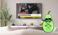 adventure_thread background buff closed_mouth fruit gigachad glasses green_skin IRL large_lips live muscle news pear pillow plant sofa soyjak stem stubble tv variant:humeson // 500x300 // 137KB