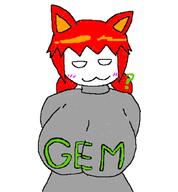 animal_ear blush cat_ears clothed large_breasts question_mark red_hair smug sweater tama text // 974x1050 // 205KB