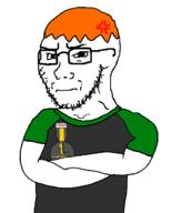 angry arms_crossed closed_mouth glasses medal orange_hair sean soyjak stubble text tshirt variant:soyak // 547x676 // 32KB