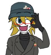 blonde_hair card coat glasses hair helmet poly_(user) shirt turtleneck yellow_hair // 696x742 // 124KB