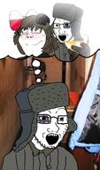 3soyjaks adventure_thread blush broken_glasses brown_hair bruise closed_eye clothes flag:poland hair_ribbon hat headpat IRL luggage open_mouth smile sobot soyjak stubble subvariant:soylita thought_bubble ushanka variant:gapejak variant:soyak wine_glass wood // 447x757 // 364KB