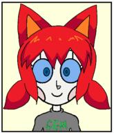 blue_eyes blue_sclera blush emmy_the_robot red_hair robot smile sweater tama text // 390x454 // 107KB