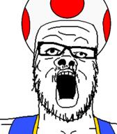 clothes glasses mushroom open_mouth soyjak stubble super_mario toad_(mario) variant:a24_slowburn_soyjak vest // 454x520 // 9.2KB