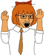 arms_up clothes glasses hair hair_ribbon mymy necktie open_mouth orange_hair orange_skin school_uniform soyjak variant:soyak // 1201x1495 // 36KB